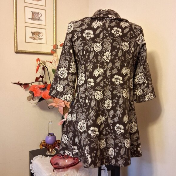 NEW Women’s Elegant Pea Coat Brown White Floral Lined Trench Coat ¾ Sleeve 12 L - Picture 6 of 9